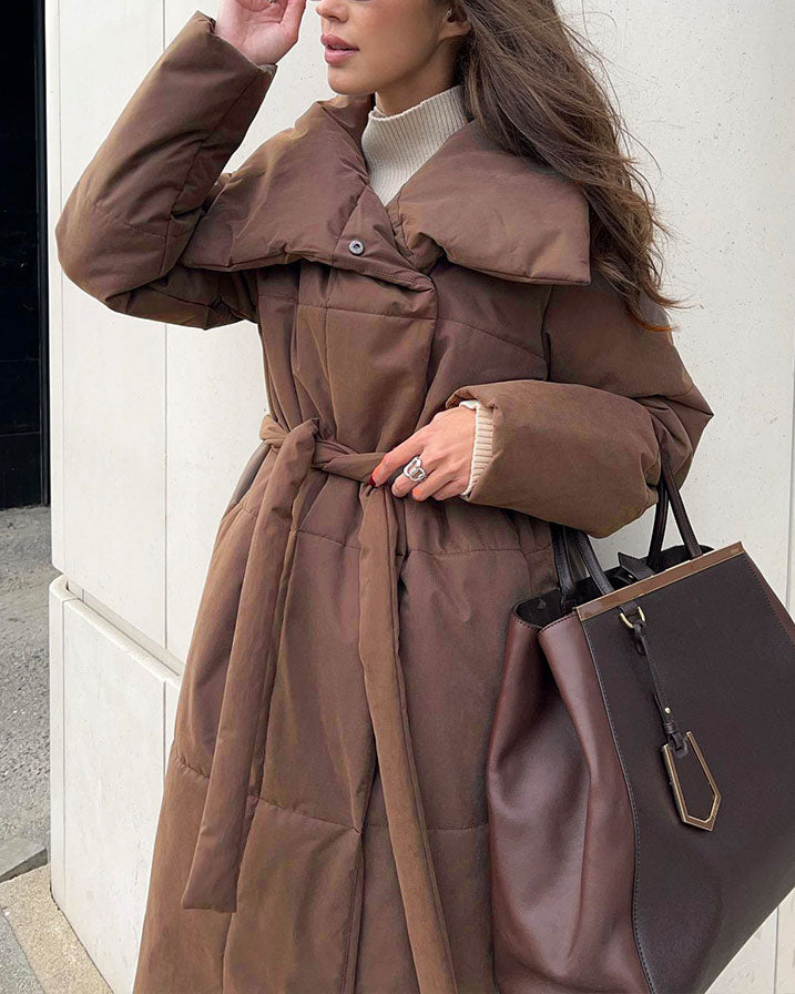 Large Lapel Tie Belted Long Cotton-Pad coat