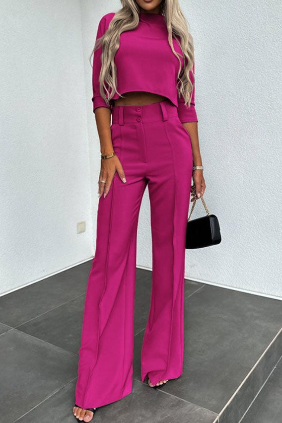 Business Casual Crop Top and Wide-Leg Pants Two Piece Set