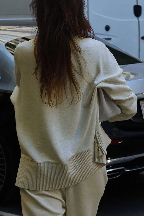 Solid Zippered Sweatshirt and Sweatpants Two-Piece Set