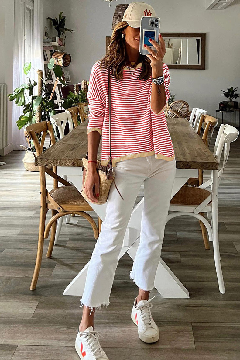 Contrast Striped Drop Shoulder Sweater