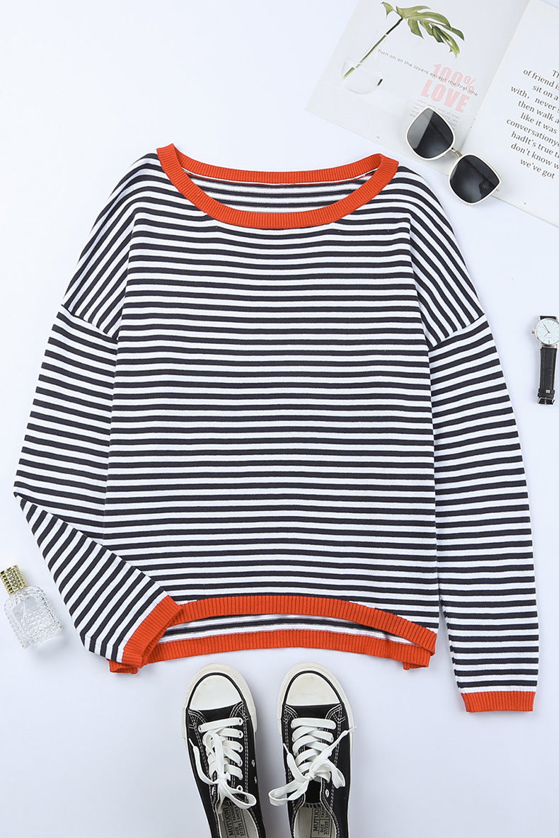Contrast Striped Drop Shoulder Sweater