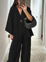 Casual Linen Top and High-Waist Pants Two-Piece Suit