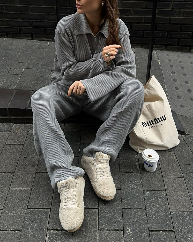 Casual Ribbed Knit Jacket and Knit Pants Two-Piece Suit