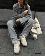 Casual Ribbed Knit Jacket and Knit Pants Two-Piece Suit