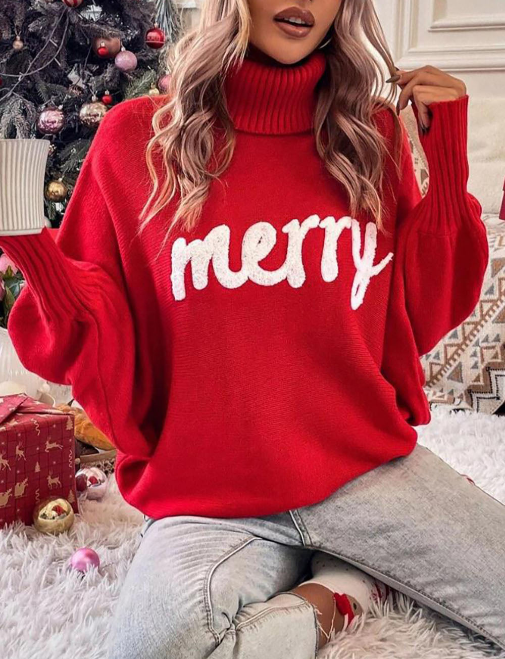 Merry Christmas Turtleneck Bat Sleeve Sweater