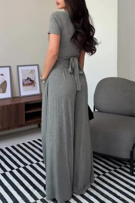 Casual Slim Fit Top and Wide-Leg Pants Two-Piece Suit