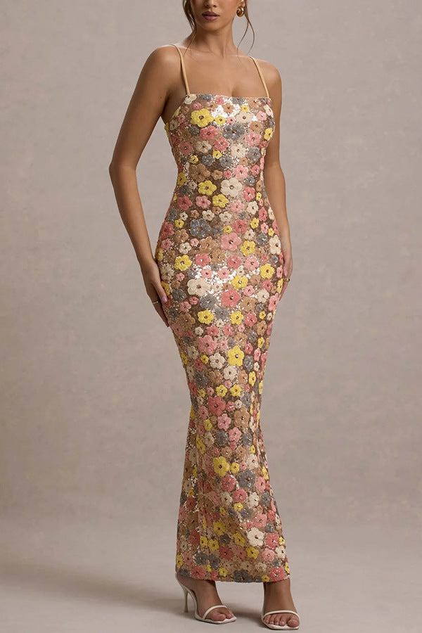 Embroidered Floral Slim Fit Slip Midi Dress
