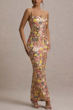 Embroidered Floral Slim Fit Slip Midi Dress
