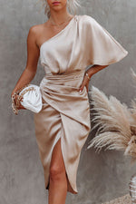 Elegant One Shoulder Satin Drape Midi Dress