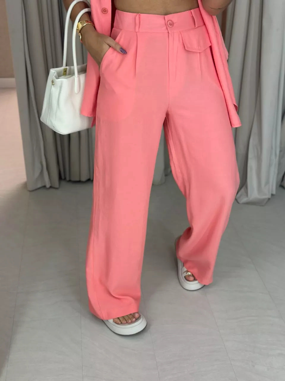 Tie-Waist Shirt and High-Waisted Pants Two-Piece Set