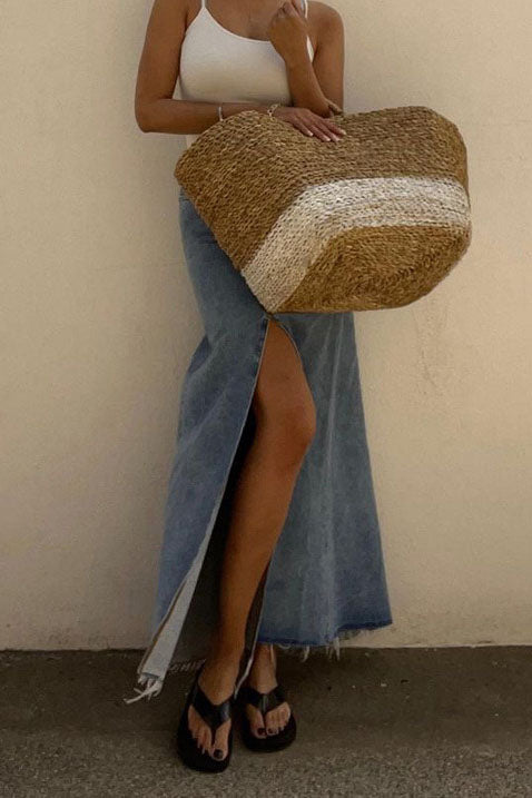 Blue High Slit Denim Skirt