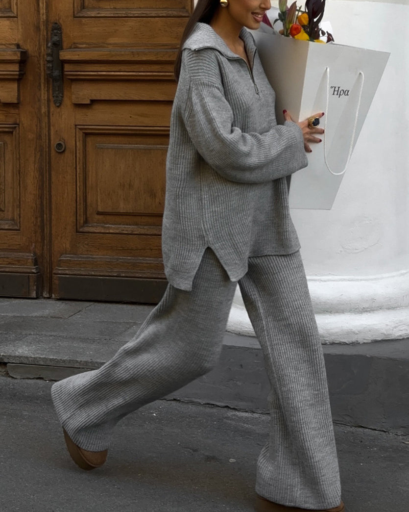 Cozy Ribbed Knit Sweater and Wide-Leg Pants Two-Piece Set