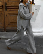 Cozy Ribbed Knit Sweater and Wide-Leg Pants Two-Piece Set