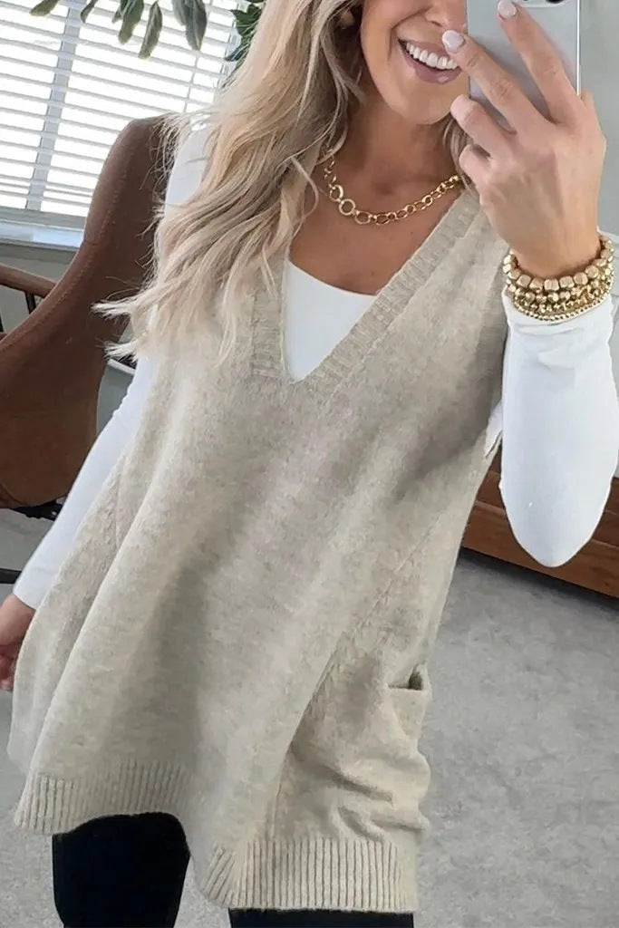 V-neck Pocket Knitted Vest Sleeveless Sweater