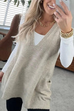V-neck Pocket Knitted Vest Sleeveless Sweater