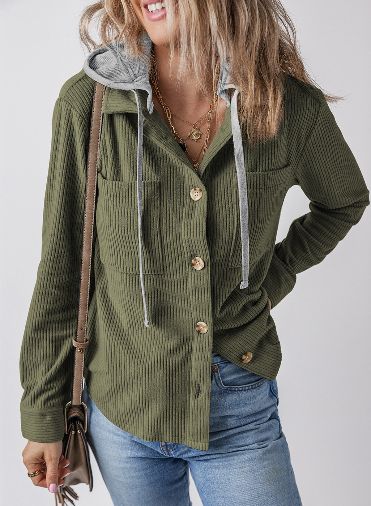 Corduroy Button Down Hooded Jacket