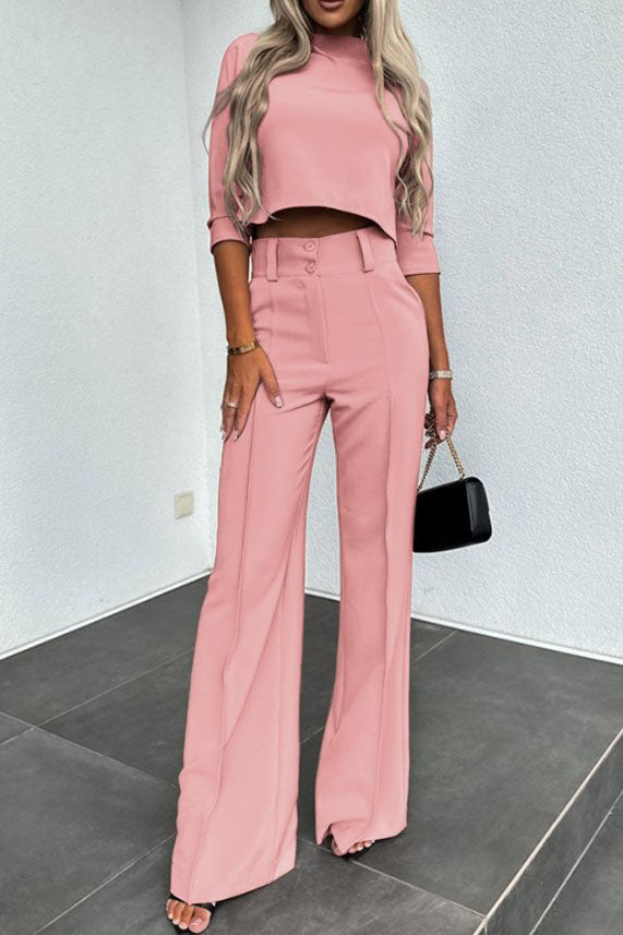 Business Casual Crop Top and Wide-Leg Pants Two Piece Set