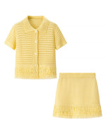 Tassel Short-Sleeved Knit Top and Miniskirt Two-Piece Set