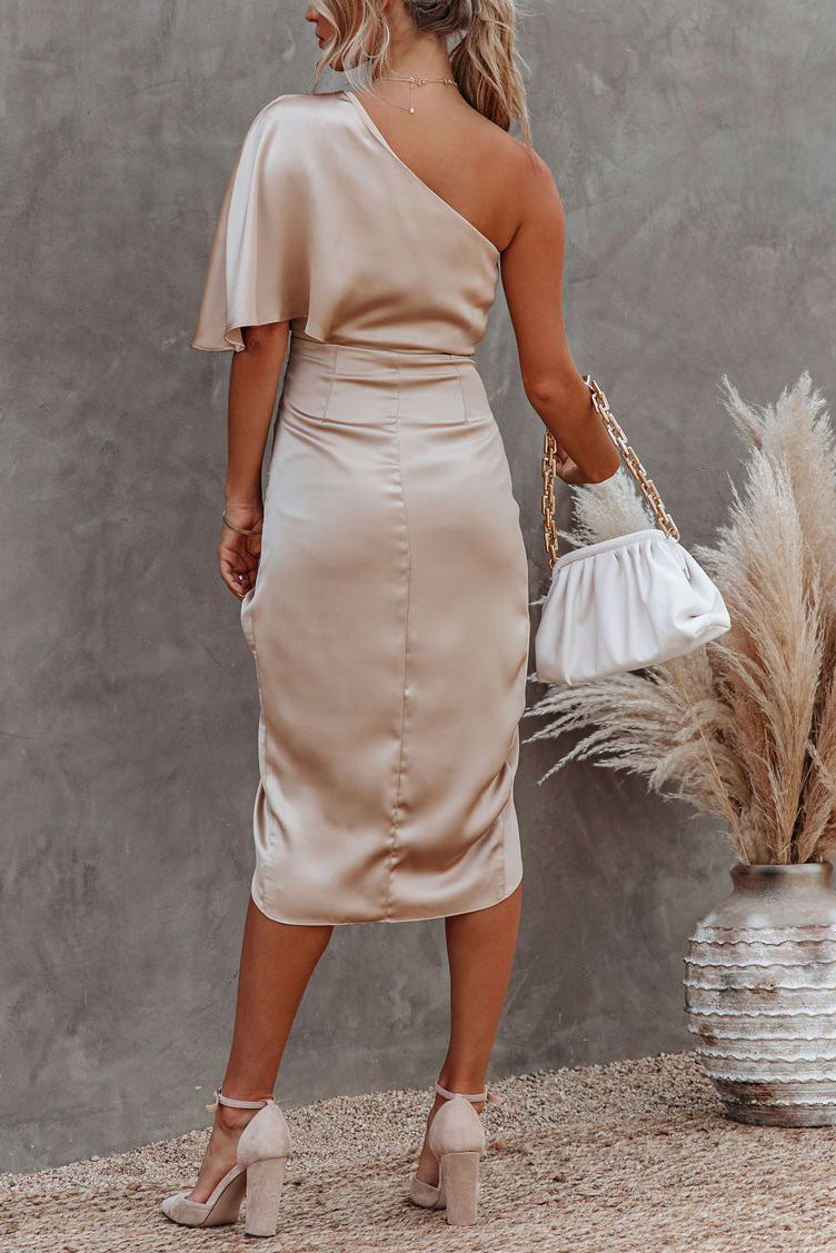 Elegant One Shoulder Satin Drape Midi Dress