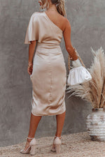 Elegant One Shoulder Satin Drape Midi Dress