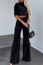 Business Casual Crop Top and Wide-Leg Pants Two Piece Set