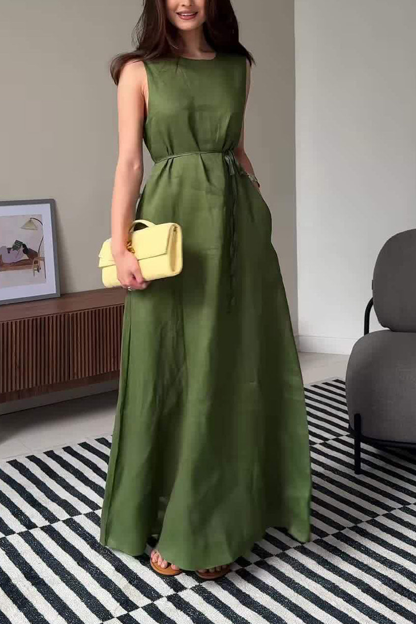 Linen Waist-Tie Sleeveless Maxi Dress