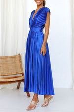 Satin Pleated V-Neck Midi Dress