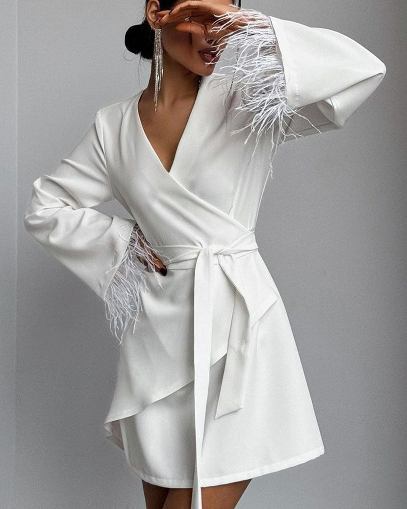 White Feather Cuff Wrap Blazer Dress