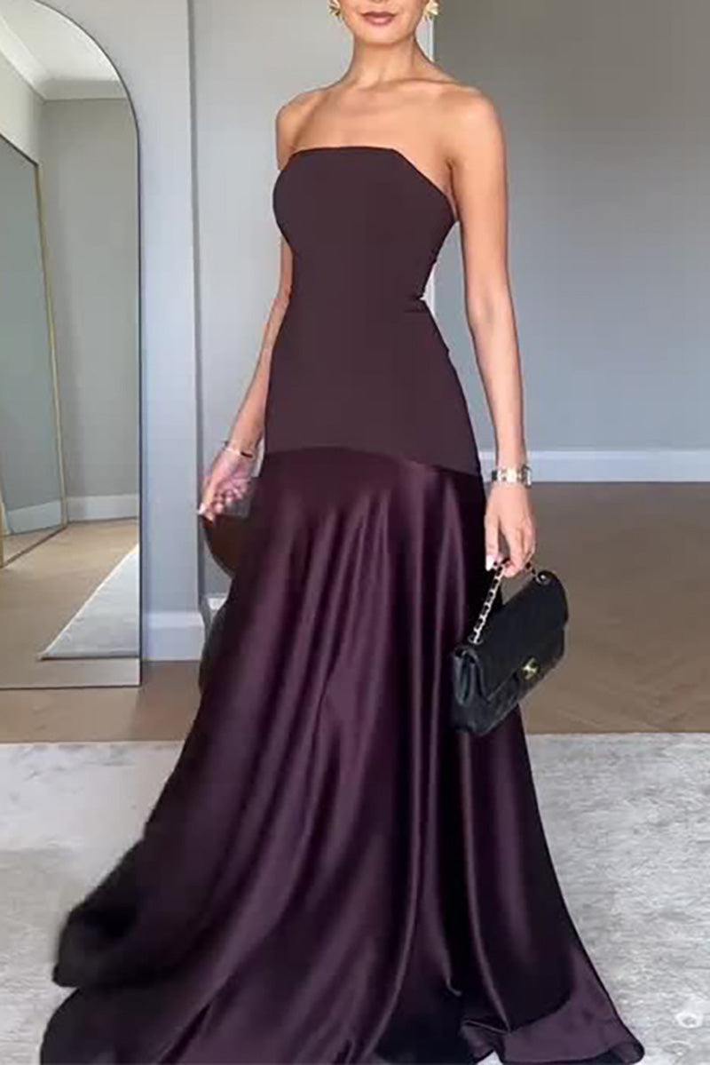 Purple Satin Paneled strapless Maxi Dress
