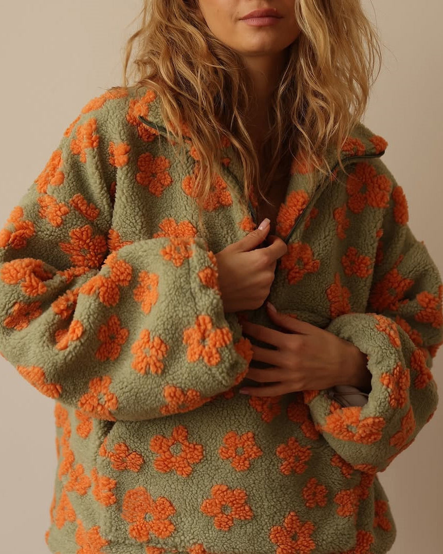 Sweet Floral Faux Sherpa Kangaroo Pocket Sweatshirt