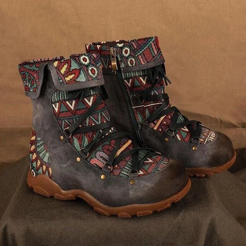 Ethnic Print Side Zipper Booties