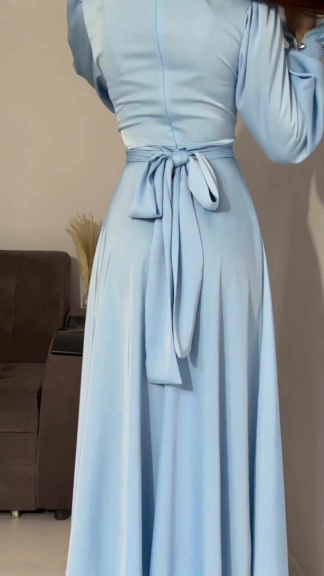 Solid Long-sleeved Belted Midi Dress