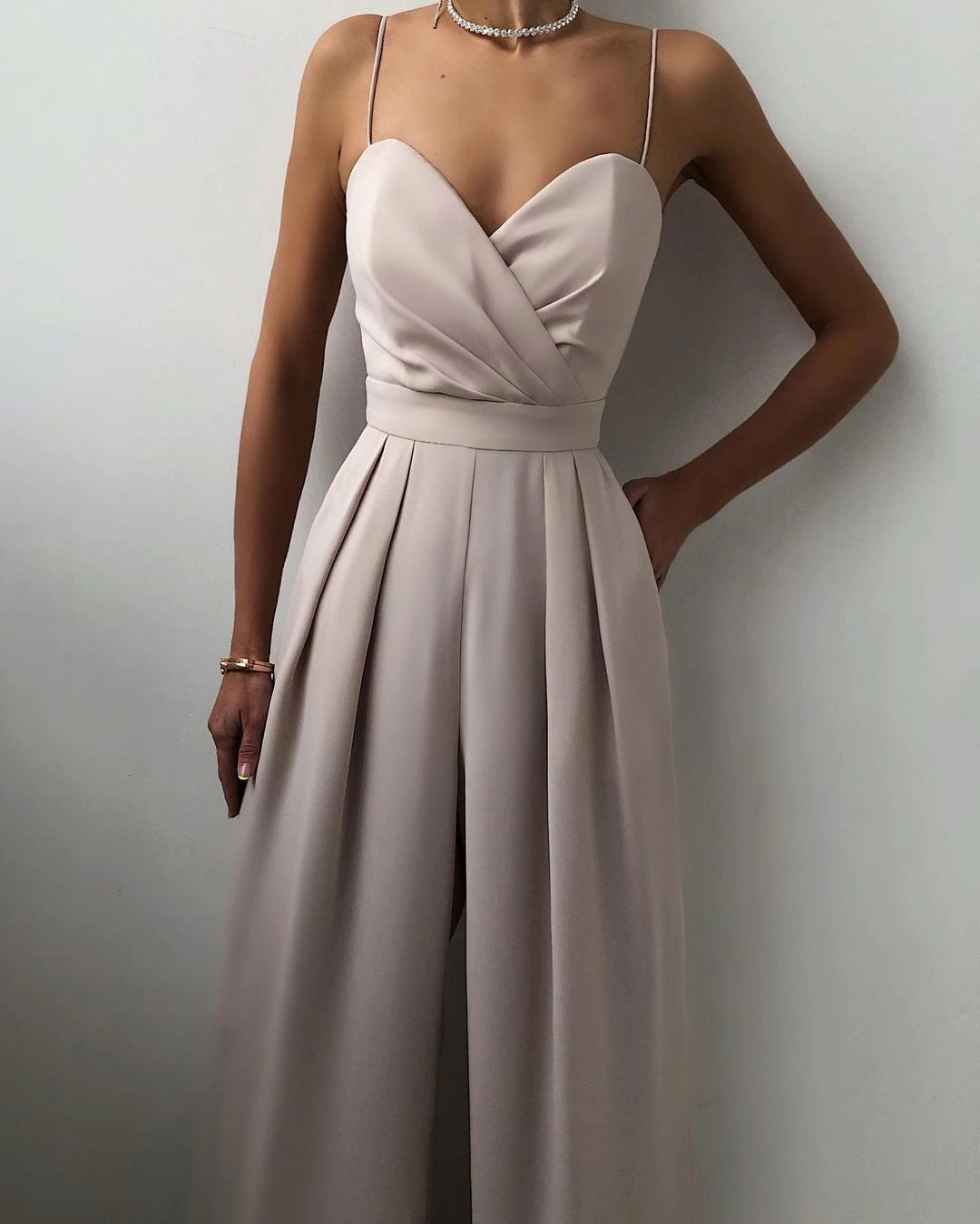 Spaghetti Strap Solid High Waist Jumpsuit