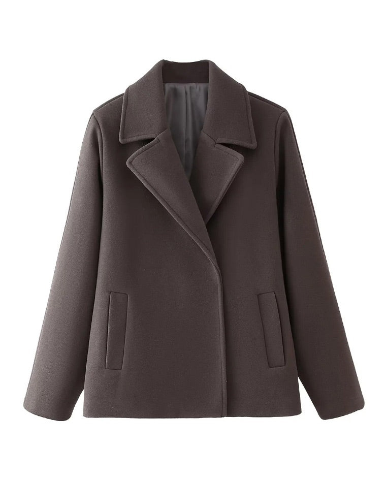 Grey Notched Lapel Woolen Coat