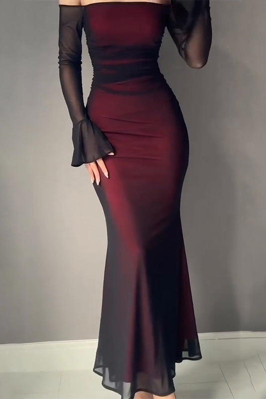 Burgundy Long Sleeves Off Shoulder Midi Dress