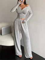 Slim Fit Long-sleeved T-shirt and Wide-leg Pants Suit