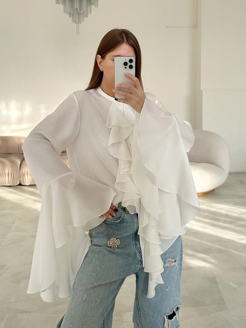 Solid Bell Cuffs Chiffon Ruffled Shirt