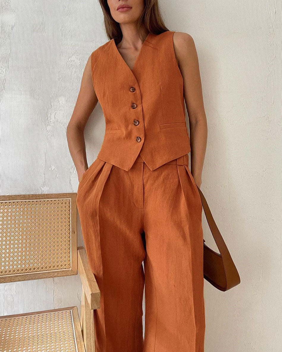 Comfortable Sleeveless Vest and Pants Linen Two Piece Suits