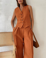 Comfortable Sleeveless Vest and Pants Linen Two Piece Suits
