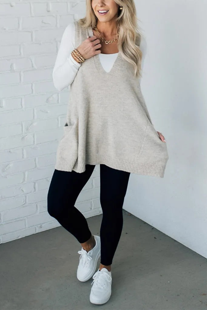 V-neck Pocket Knitted Vest Sleeveless Sweater