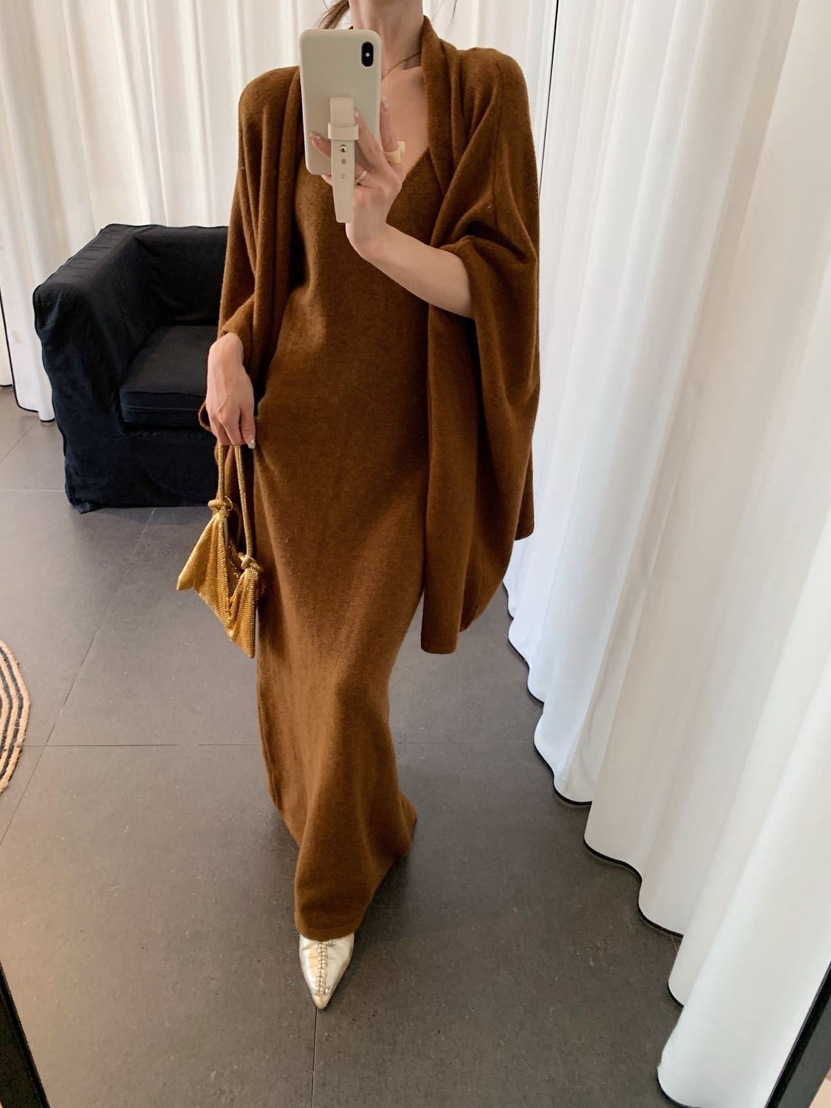 Chic Shawl Coat and Midi Dress Knit Two Piece Suit