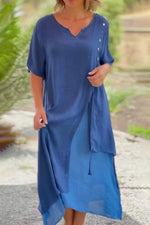 Buttoned Trim Short Sleeves Midi Dress