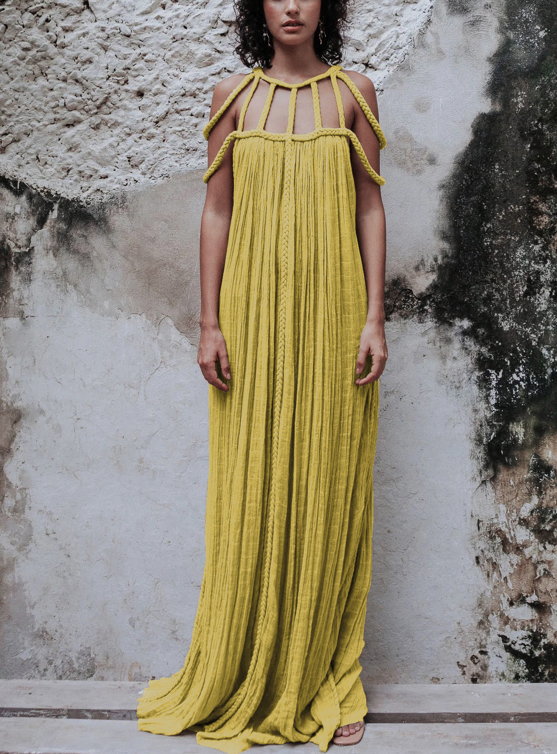 Braided Yoke Loose Fit Maxi Dress