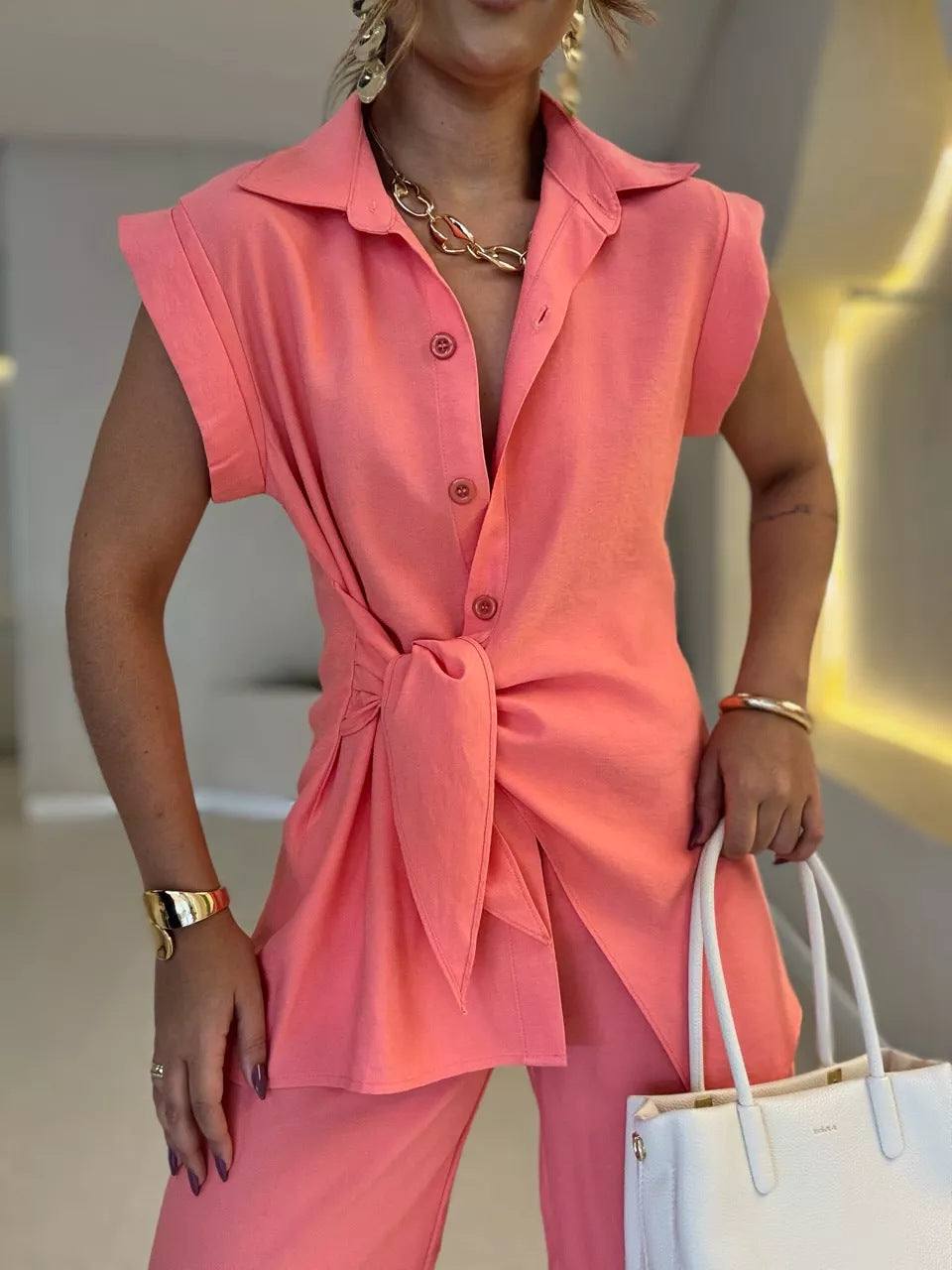 Tie-Waist Shirt and High-Waisted Pants Two-Piece Set