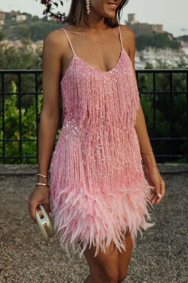 Sequin Fringed Feather-Hemline Mini Slip Dress