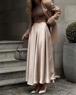 Sleek High-Waisted Satin Midi Skirt