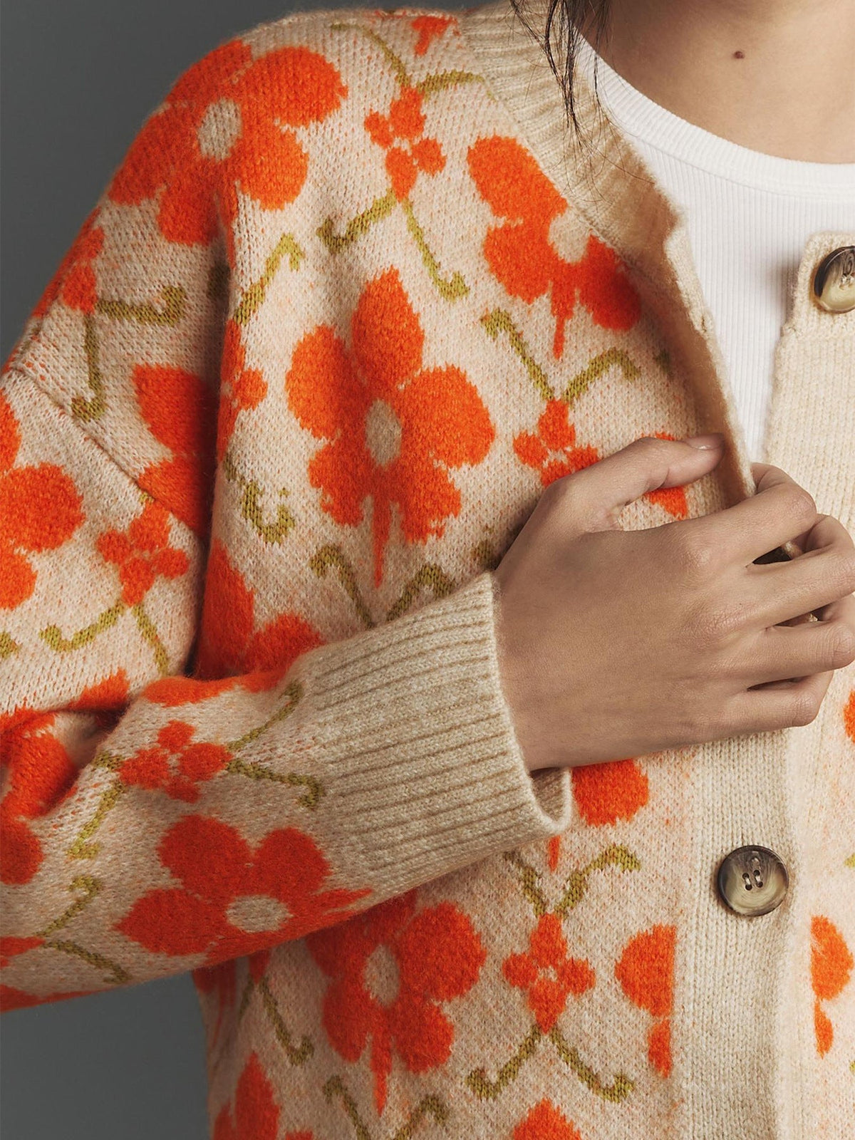Orange Floral Button Down Knit Cardigan