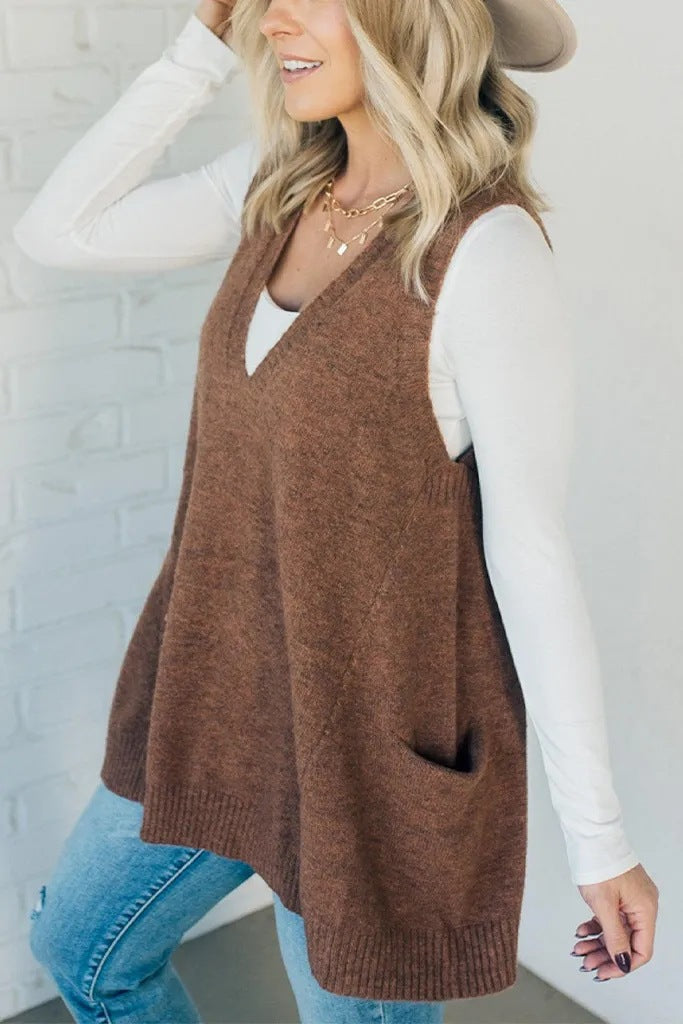 V-neck Pocket Knitted Vest Sleeveless Sweater