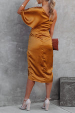 Elegant One Shoulder Satin Drape Midi Dress