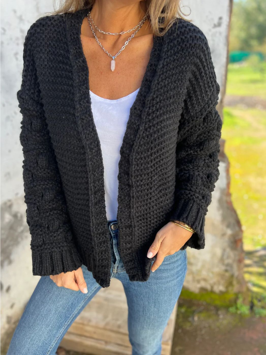 Thick Cable Knit Sleeve Knit Cardigan